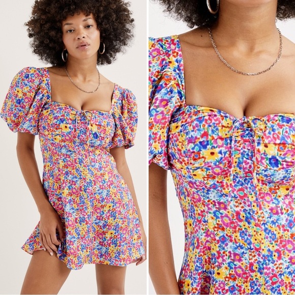 For Love & Lemons Sasha Mini Dress Sz M Puff Sleeve Floral Sweetheart Neck - Picture 1 of 14